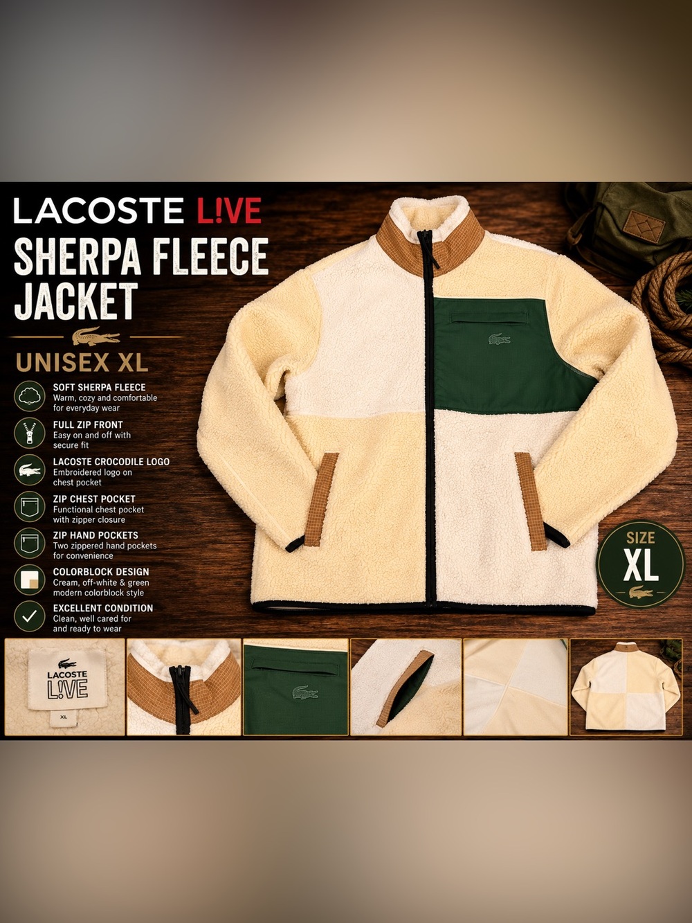 Lacoste LIVE Sherpa Fleece Jacket XL Unisex Colorblock Full Zip Cream Green